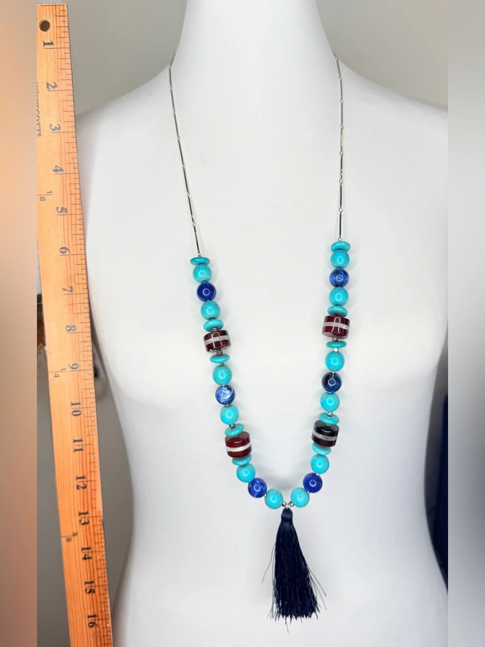 Boho Beaded Turquoise Statement Tassel Necklace